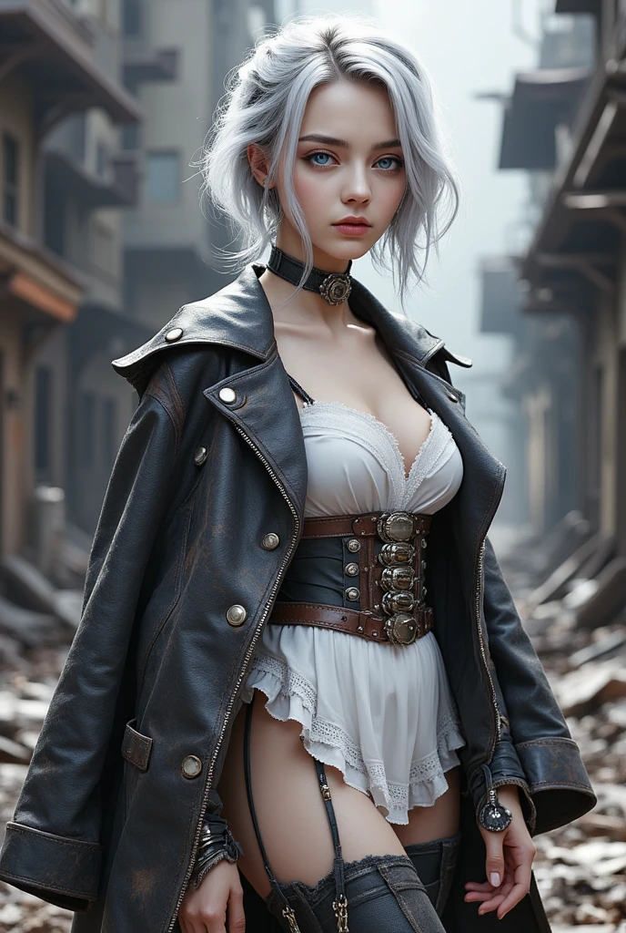 (Masterpiece, Highest quality, Highest picture quality, high resolution) 16K Photorealistic Quality Digital Painting Mode Beautiful post-apocalyptic girl with medium-length silver hair, blue eyes, wearing tactical gear. (Unbutton and open chest, Big boobs, hot and sexy.) Standing amidst a desolate cityscape with crumbling buildings as a backdrop. Moonlight casting shadows, glowing skin, a stoic and protective expression. Whole body, animated pose, life-size, perfect anatomy, detailed skin textures. Full HD 16K HDR resolution. Perfect anatomy, depth of field.