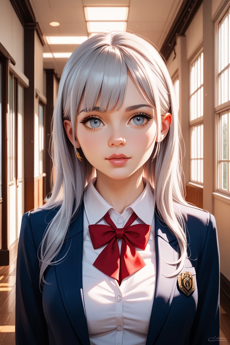 sakuyarindou768 (Wearing business outfit,formal jacket,neck tie, tie,white shirt, skirt, heels,High waist Skirt)( big perfect round breasts,hourglass body, thin waist,btpt-fc,Photo realistic, (hyperrealistic:1)beautiful, masterpiece, best quality, extremely detailed face, perfect lighting,detailed eye makeup, detail face, nice detailed eyes,nice hands, perfect hands (realistic pupils,realistic iris:1) heavy eye makeup,gray hair,long hair,bue eyes, (working at a restaurant, background restaurant)