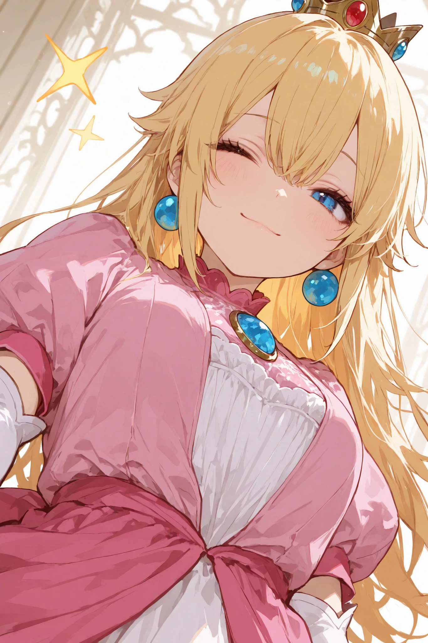 masterpiece, best quality, ultra-detailed,r17329_illu,usnr,luisap, General,1girl\(princess peach\), close-up shot, dynamic pose, slightly low angle, winking with a cheerful smile, Kawaii style, Cel Shading, Bloom Effect, Starburst Effects, ultra-detailed, high resolution, vivid colors, cinematic lighting