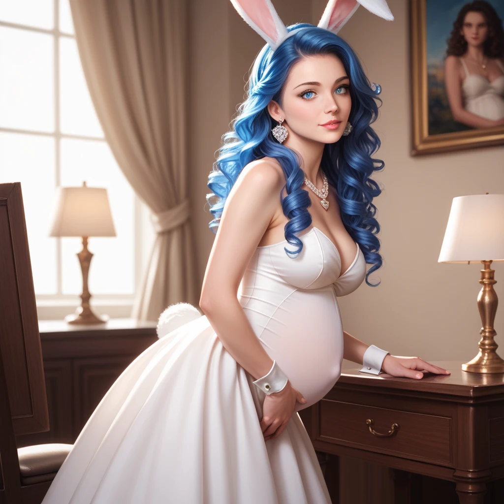 Beautiful pregnant female sorceress, elegant formal detailed and tight white dress with blue details, blue gems, mature, bunny ears, light blue hair, piercing blue eyes, wants to have sex with me, cleavage 