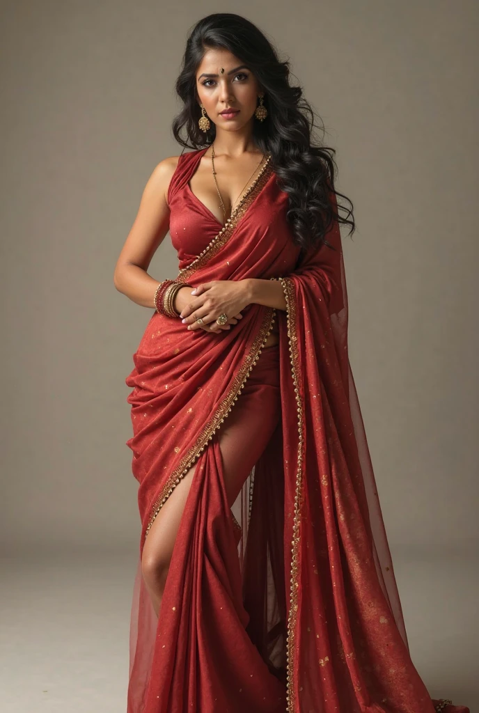 A indian bhabhi wearing saari thick thighs visible, without blouse, medium figure 
