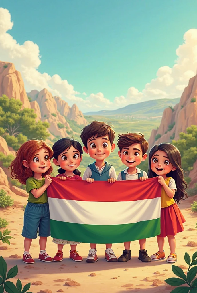 Children with the flags of Israel and Palestine and the word STOP THE WAR
