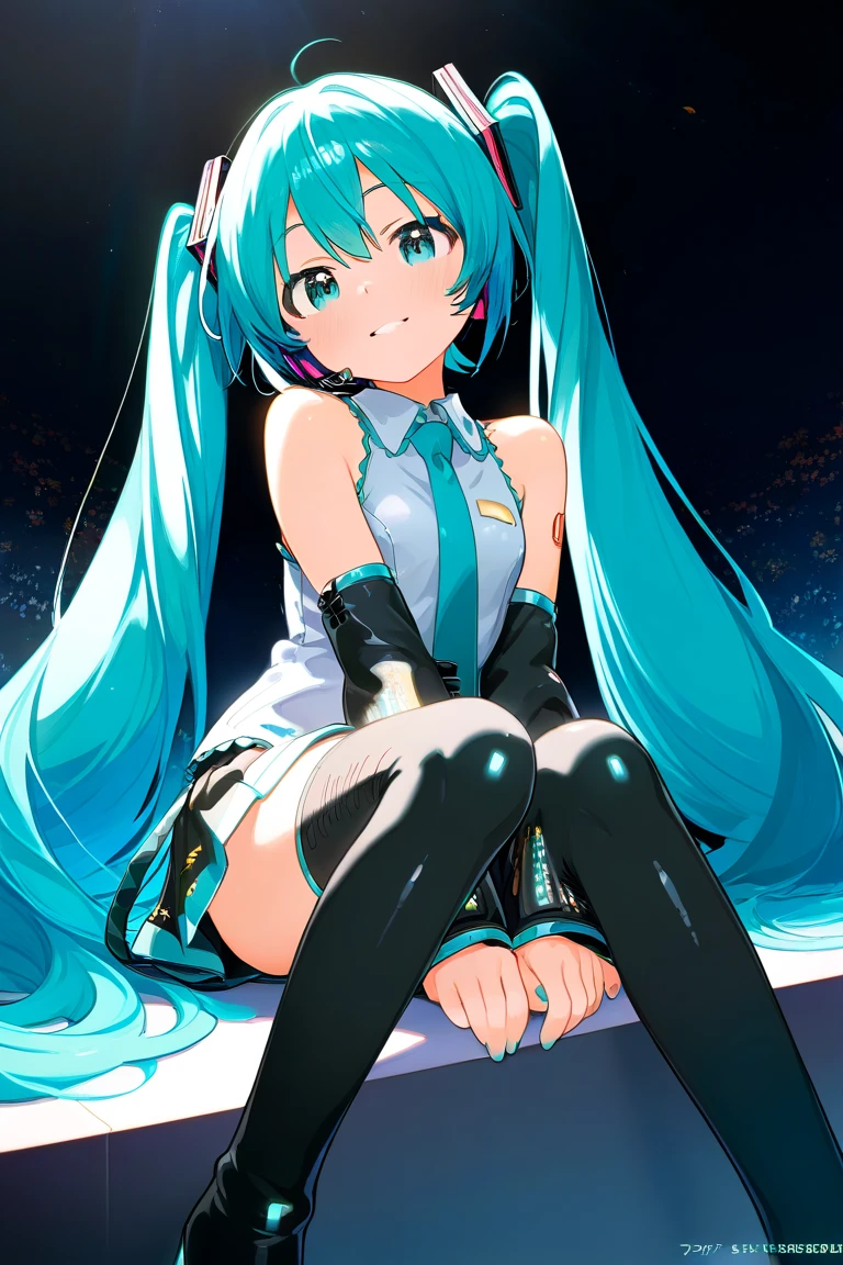 masterpiece, best quality,1girl,hatsune miku,aqua hair, aqua eyes, long hair, twintails, gradient hair, bare shoulders,black skirt,blue necktie,detached sleeves,small breasts,grey shirt,long sleeves,miniskirt,pleated skirt, thighhighs, happy,outdoors,shiny clothes,looking at viewer, space, sitting on an deserted planet, and you can see various other planets near