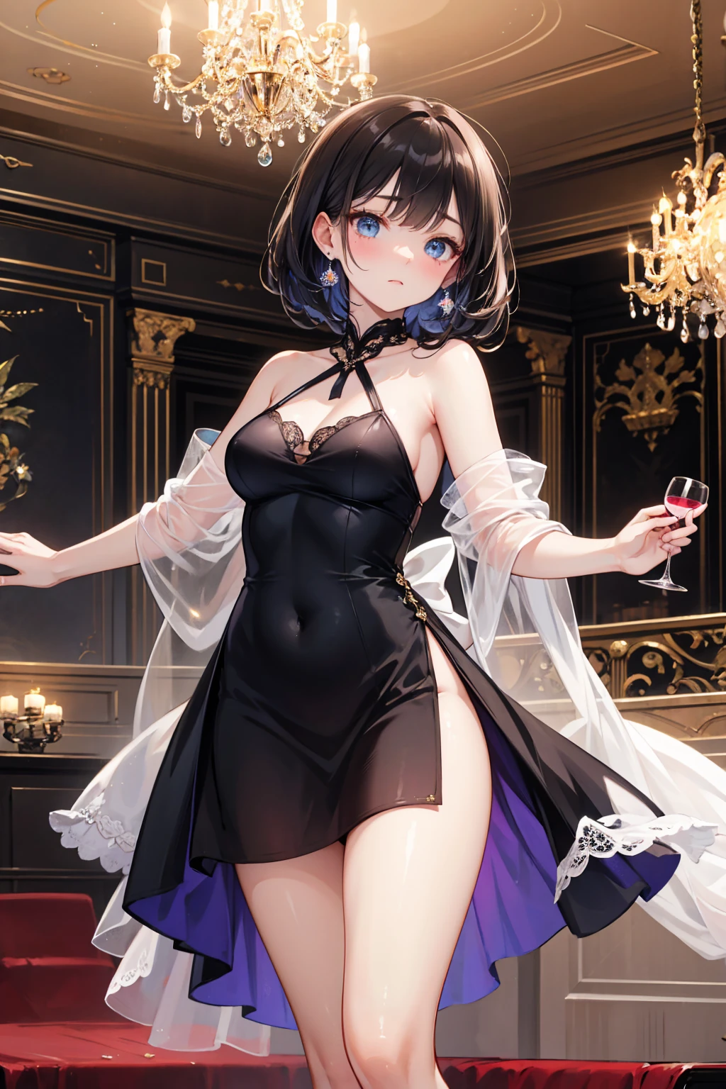 master-piece,1girl,black_dress,black_veil,mail over eyes,(Chateau de Versailles, Pisa Baptistery Of St. John background, Flowers,navel,crowd),rain,wet,standing