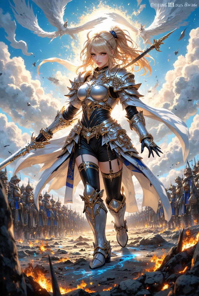 (masterpiece, Highest quality) Valkyrieプロフィールレネス, One girl, Long Hair, blue eyes, Blonde, Holding, arms, wing, Focus Only, sword, Holding arms, armor, bird, Holding sword, Helmet, feather, shoulder armor, feathered wing, Scapula, angel wing, breastplate, armored dress, winged Helmet, Valkyrie