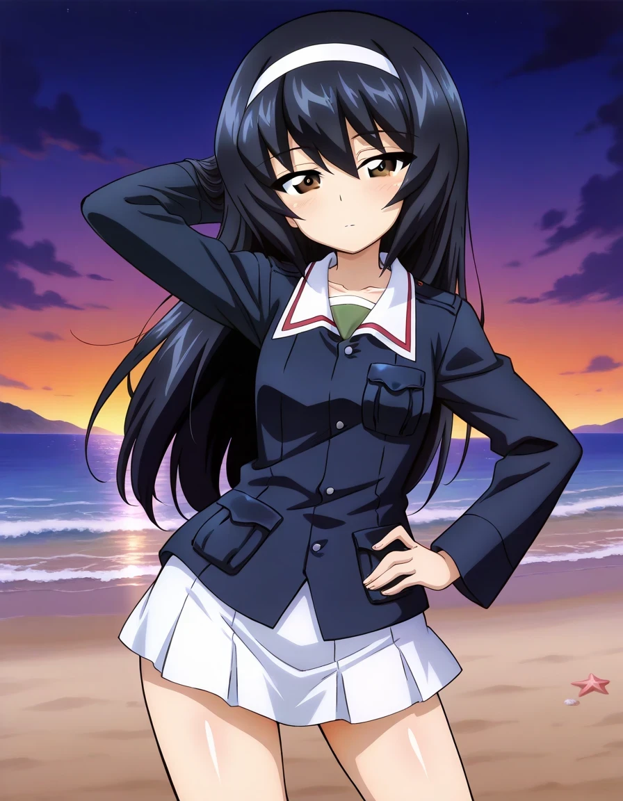 reizei mako, long hair, black hair, white hairband, brown eyes ooarai military uniform, blue jacket, green shirt,long sleeves, white skirt, shiny skin, solo, night sky, beach, hand behind head, hand on hip, ((contrapposto)), closed mouth, (cowboy shot), looking at viewer, expressionless, shy, best quality,