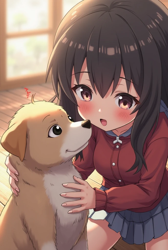 1girl,solo,petite,slender,ichijou hotaru,shiny eyes,normal breasts,shirt,knit cardigan,miniskirt,blush,living room,table,window,curtain,smile,open mouth,holding corgi,jumping ,facing viewer,black hair,lip,<lora:better skin typeB-v1:1> <lora:XDetail_light:1> ,,masterpiece,best quality, very aesthetic, absurdres <lora:ichijou_hotaru-animagine-v1:0.7>