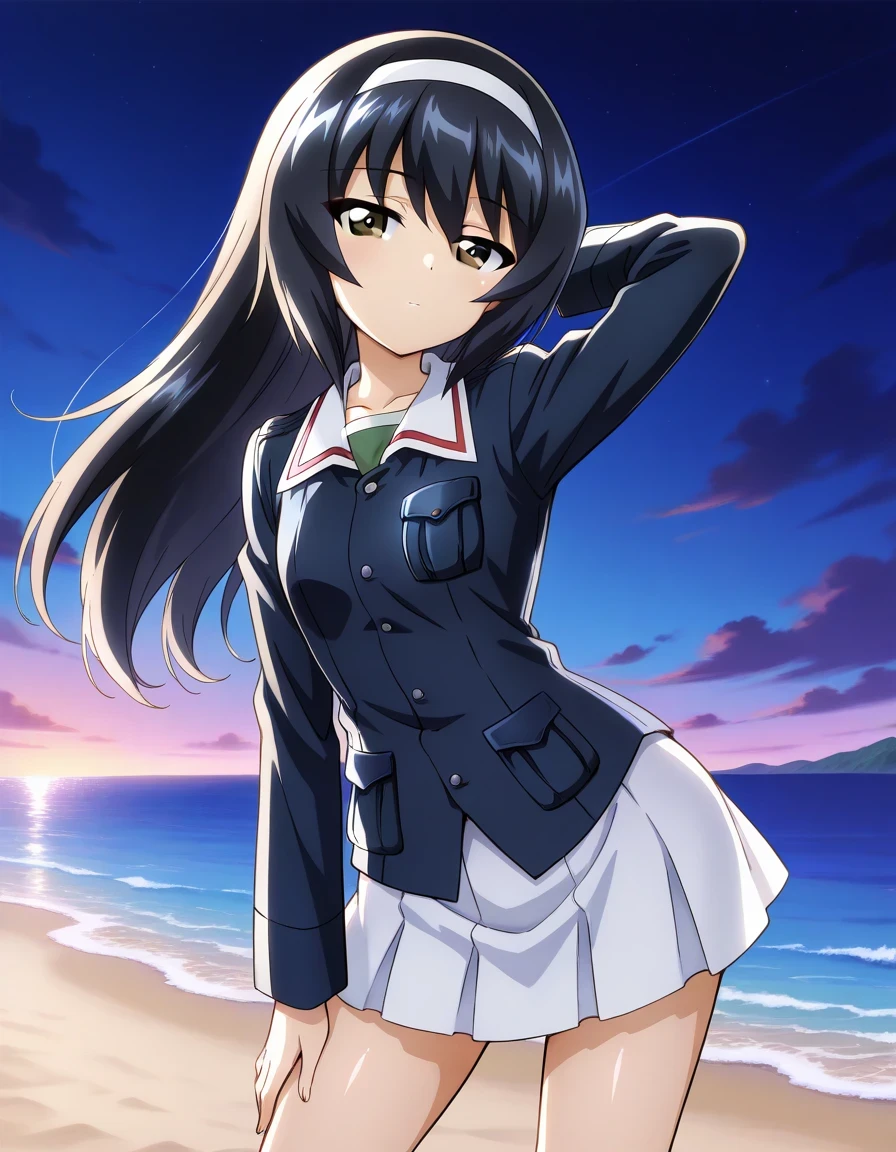 reizei mako, long hair, black hair, white hairband, brown eyes ooarai military uniform, blue jacket, green shirt,long sleeves, white skirt, shiny skin, solo, night sky, beach, hand behind head, hand on hip, ((contrapposto)), closed mouth, (cowboy shot), looking at viewer, expressionless, shy, best quality,