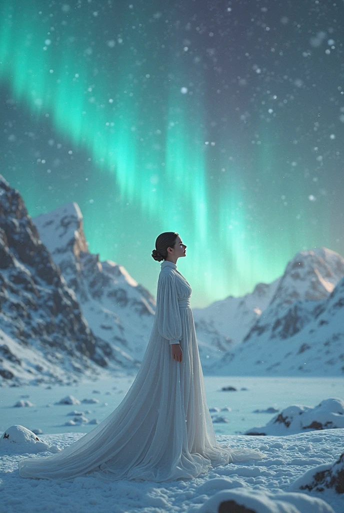 Graceful and fluttering nymph, "Kate Beckinsale com vestido Ametista longo", caminhando a noite, and with a night sky with moon over snowy mountains　The stars are beautiful
