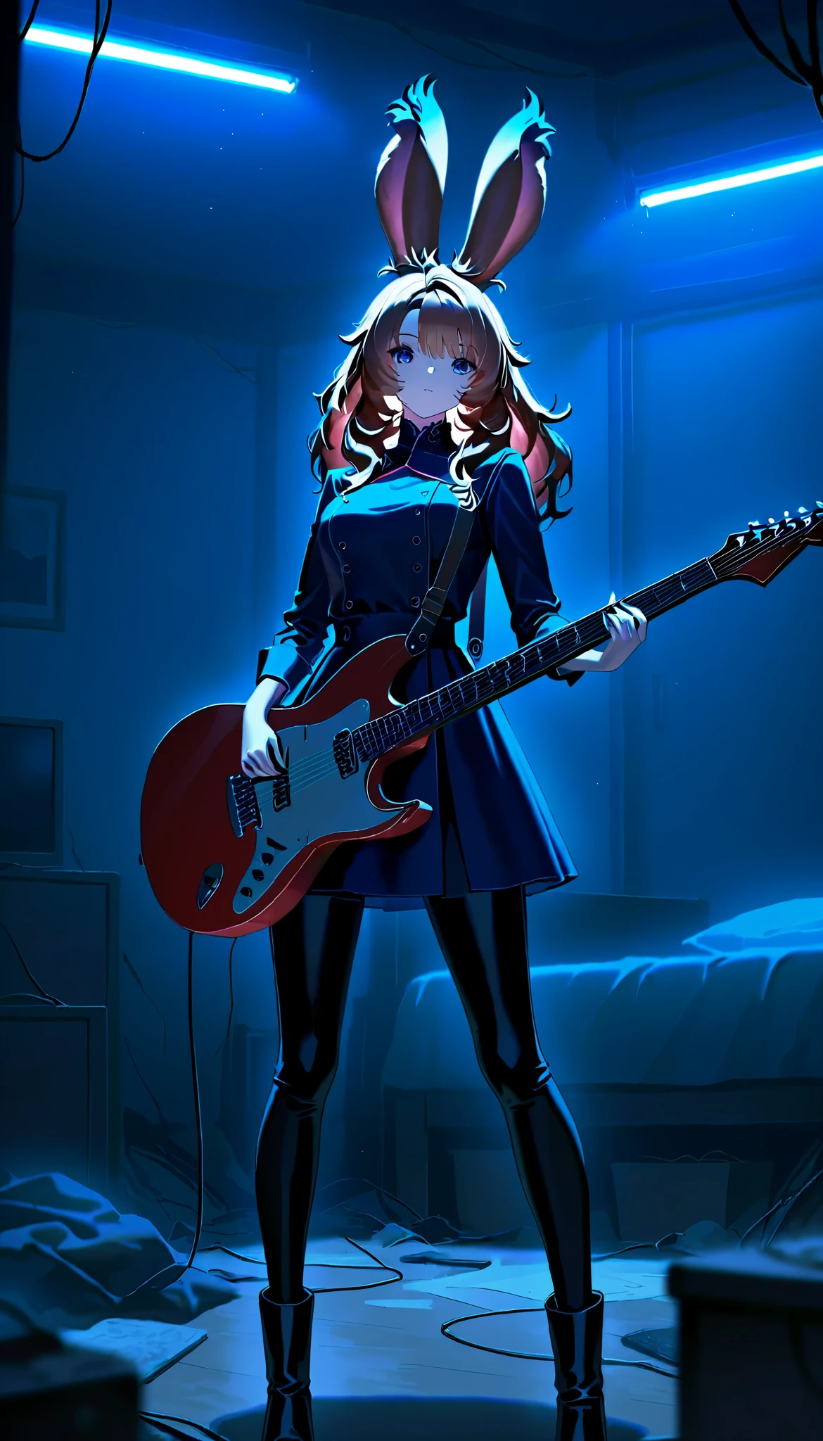 Lonely, 1 big-breasted Viera girl, Alone, in a messy room, guitar,