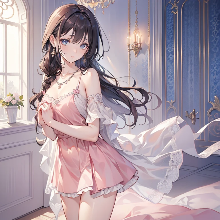 masterpiece, best quality, clear face, mature woman, blush, closed eyes, extremely frilled panties, absurdly long brown hair, standing, head to thighs, small tiara, see-through, an extremely detailed and delicate, extremely fine and beautiful, beautiful and clear background, backlighting