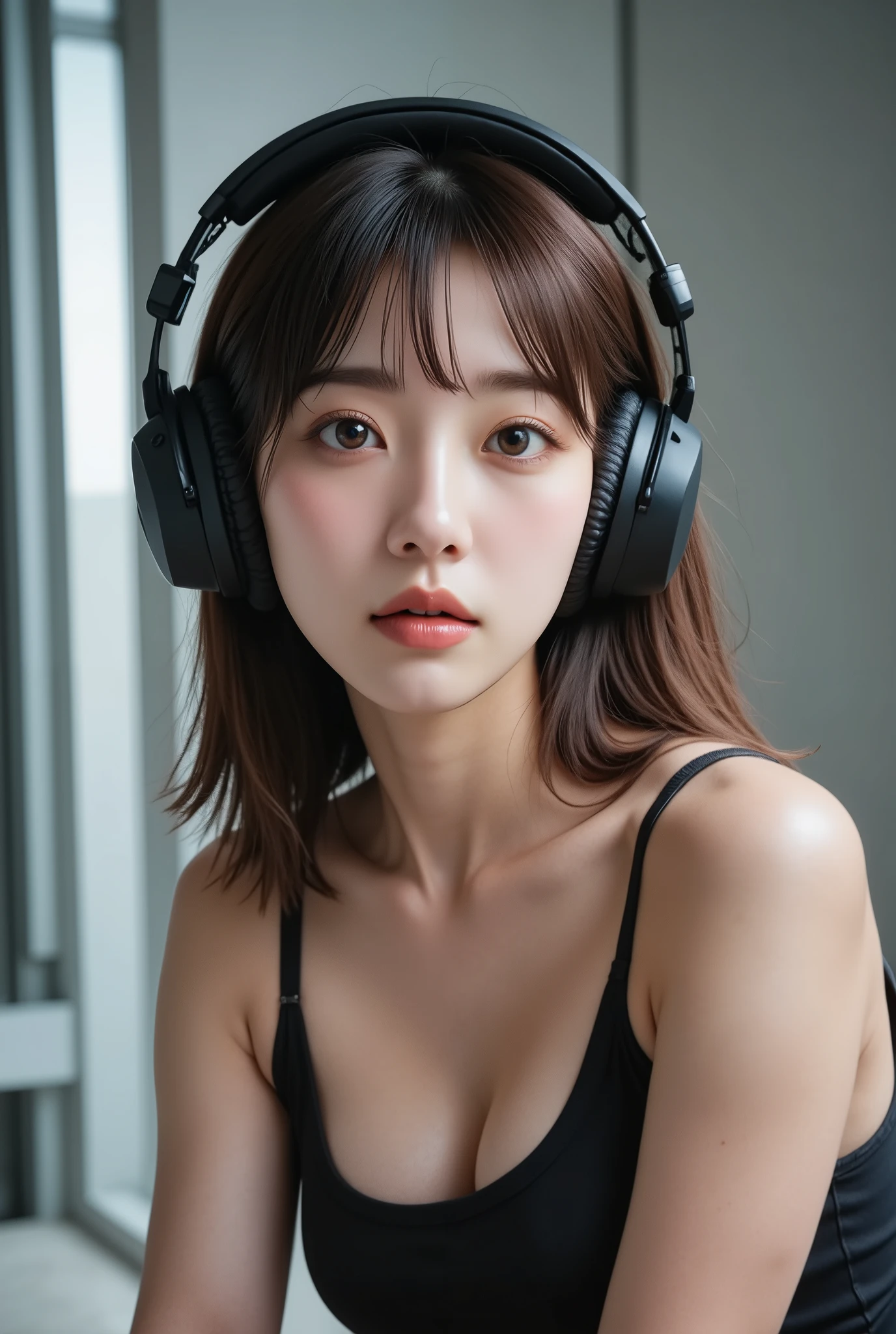 listen to music with larger headphones, japanese woman, confident eyes,cool figure, Fashion Models, semi-long,tank top, upper body up