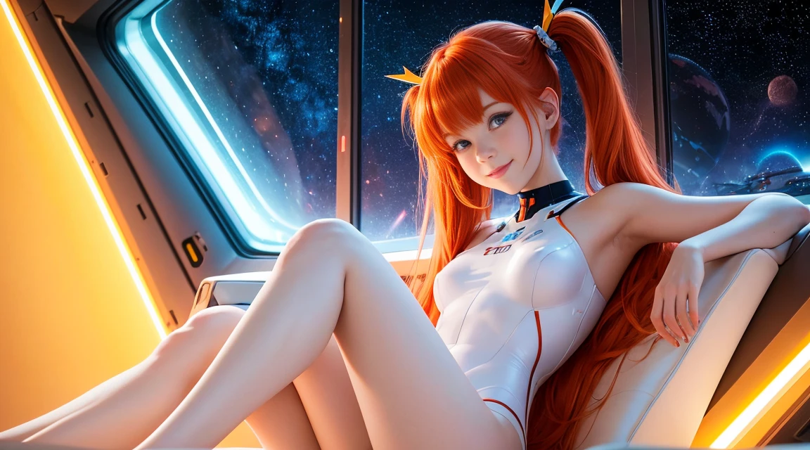 (aerial view),dynamic angle,ultra detallado, illustration, de cerca, directo, 1 chica, ((Souryuu Asuka Langley, auriculares de interfaz, mono rojo:1.4, rubio)),Her eyes shone like dreamer stars,(ojos brillantes:1.233),(ojos hermosos y detallados:1.1),(inexpresivo,boca cerrada),(de pie), (mechanical room with tools and spacecraft window in a white SPACESHIP), (noche:1.2),dreamer, [[dedos y manos delicados:0.55]::0.85],(Detalle de los dedos), Mirada brillo