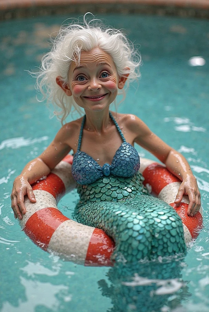 Caricature: A whimsical and artistic depiction of a very elderly 50 year old mermaid lying on a rock in the ocean. Very big tits. She is smiling broadly. The mermaid has long hair that flutters in the breeze. The mermaid is positioned as if she is lying 3/4, belly down on the rock-rock. The scene takes place against a beautiful blue sky. The mermaid is surrounded by various elements, pebbles, seaweed, strong and large splashes from the waves. Disney Pixar cartoon style. Blurred background. Light haze.