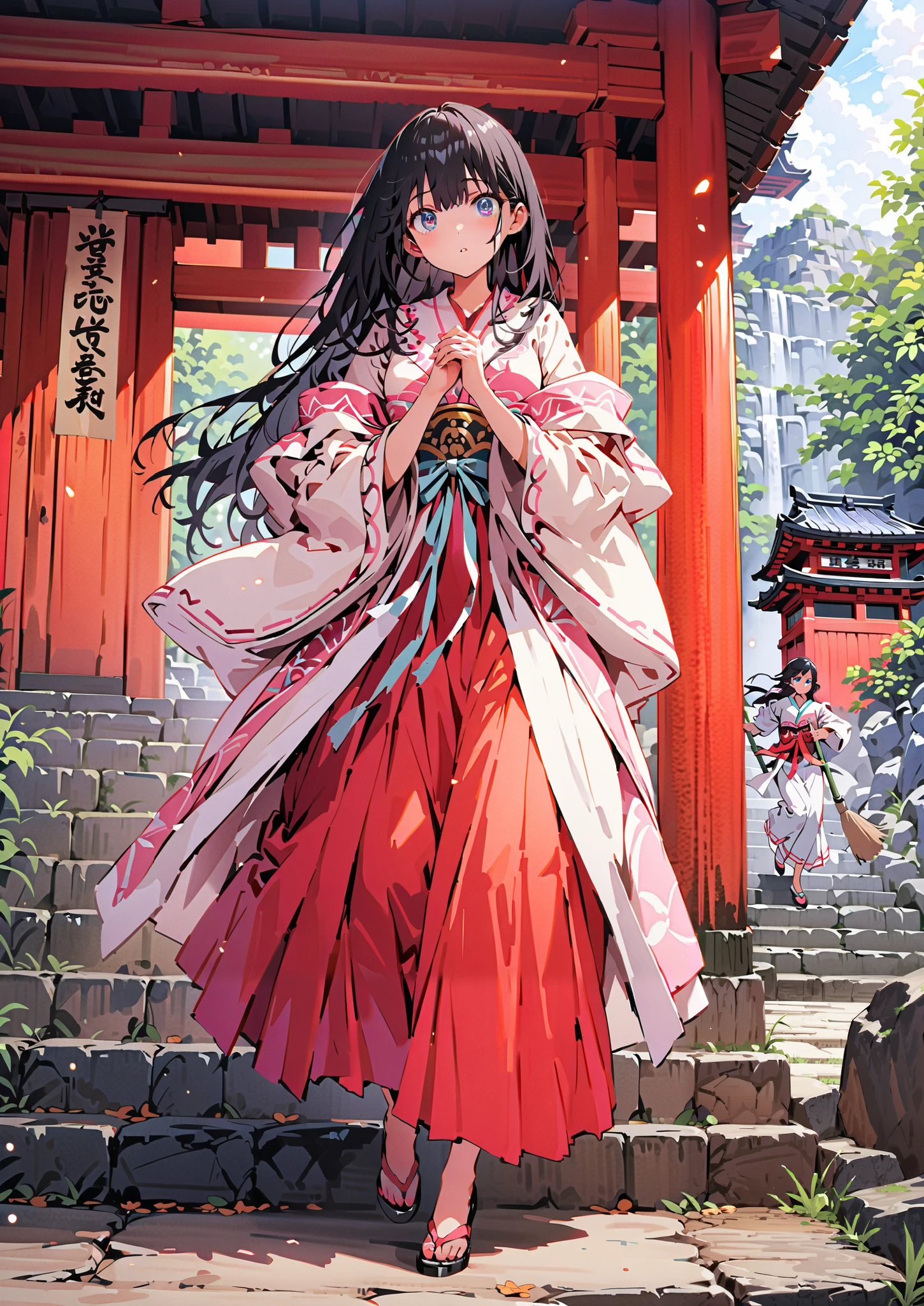 It's because of Rikkata, black hair, blue eyes, long hair, Orange Scrunch , scrunchie , List Scrunch, shrine maiden costume, white kimono ,Red Hakama,I'm cleaning the stairs with a bamboo broom with both hands,noon,full bodyがillustrationsに入るように, break outdoors, shrine,
break looking at viewer,full body,
break (masterpiece:1.2), Highest quality, High Resolution, Unity 8K Wallpaper , (illustrations:0.8), (beautiful detailed eyes:1.6), Highly detailed faces, perfect lighting , extremely detailed CG, (perfect hands, perfect anatomy),