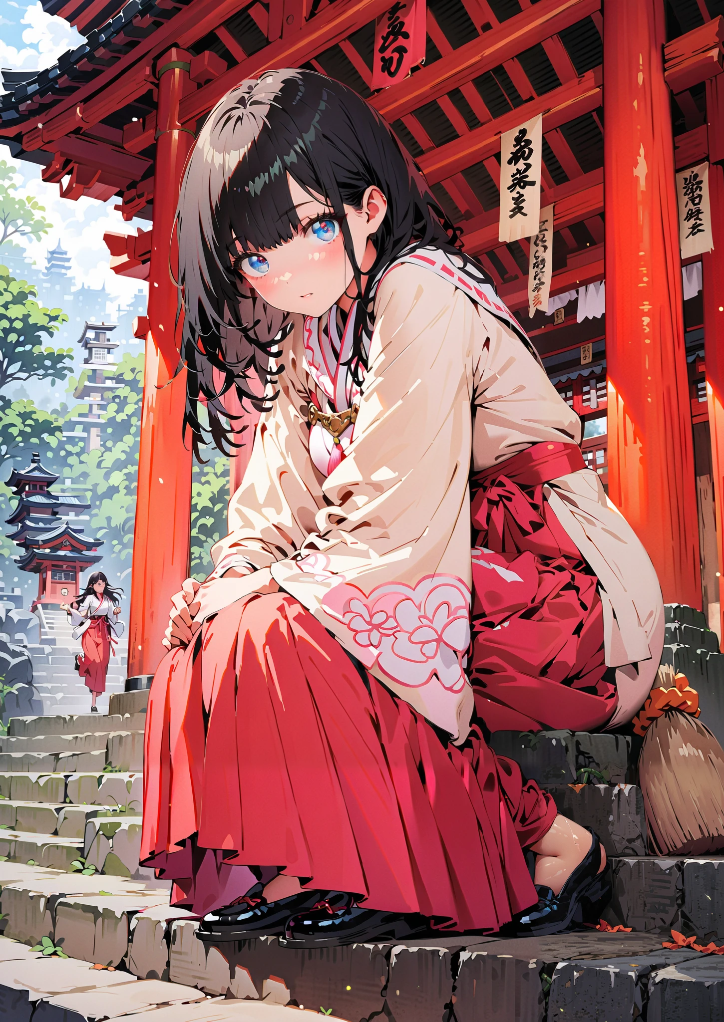 It's because of Rikkata, black hair, blue eyes, long hair, Orange Scrunch , scrunchie , List Scrunch, shrine maiden costume, white kimono ,Red Hakama,I'm cleaning the stairs with a bamboo broom with both hands,noon,full bodyがillustrationsに入るように, break outdoors, shrine,
break looking at viewer,full body,
break (masterpiece:1.2), Highest quality, High Resolution, Unity 8K Wallpaper , (illustrations:0.8), (beautiful detailed eyes:1.6), Highly detailed faces, perfect lighting , extremely detailed CG, (perfect hands, perfect anatomy),