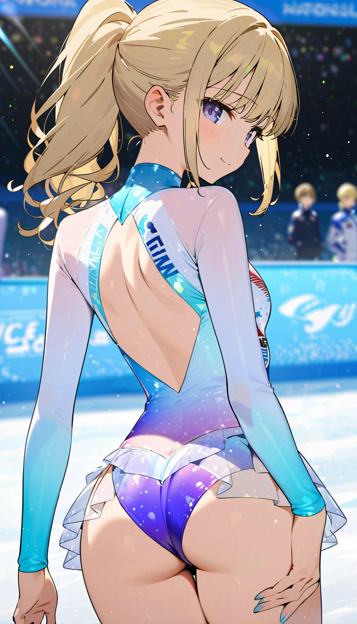 high quality illustration, masterpiece, very delicate and beautiful, attractive girl, (gymnastics leotard, star patterns leotard, long sleeve leotard with glittery decoration, athletic leotard, tight-fit leotard, iridescent gradient leotard, national teams leotard, (see-through microskirt:1.4)), thin, slender, ice skating rink, gymnastics athlete, princess, beautiful eyes, light smile, highres, extremely detailed CG unity 8k wallpaper, perfect lighting, Colourful, ultra-high res,4K,ultra-detailed, photography, 8K, HDR, cowboy shot, looking back at viewer, blonde hair, ponytail