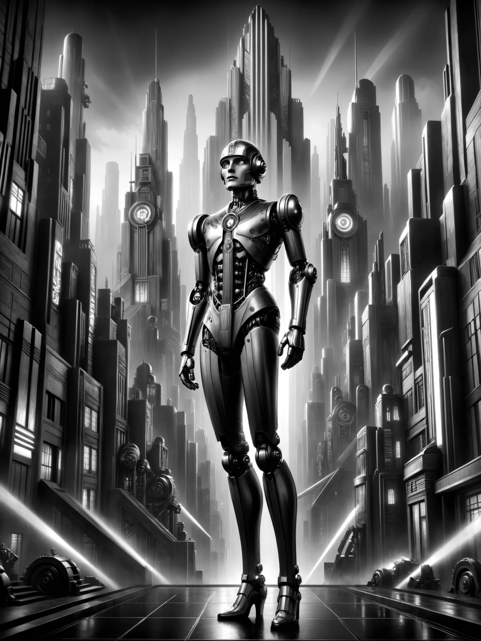 android, futuristic , Stylized, Art Deco, expressionist, 1920s, Mad-Ropolis movie in black and white, (masterpiece:1.2), better quality, (hyper detailed, more detailed:1.2), high-resolution textures
