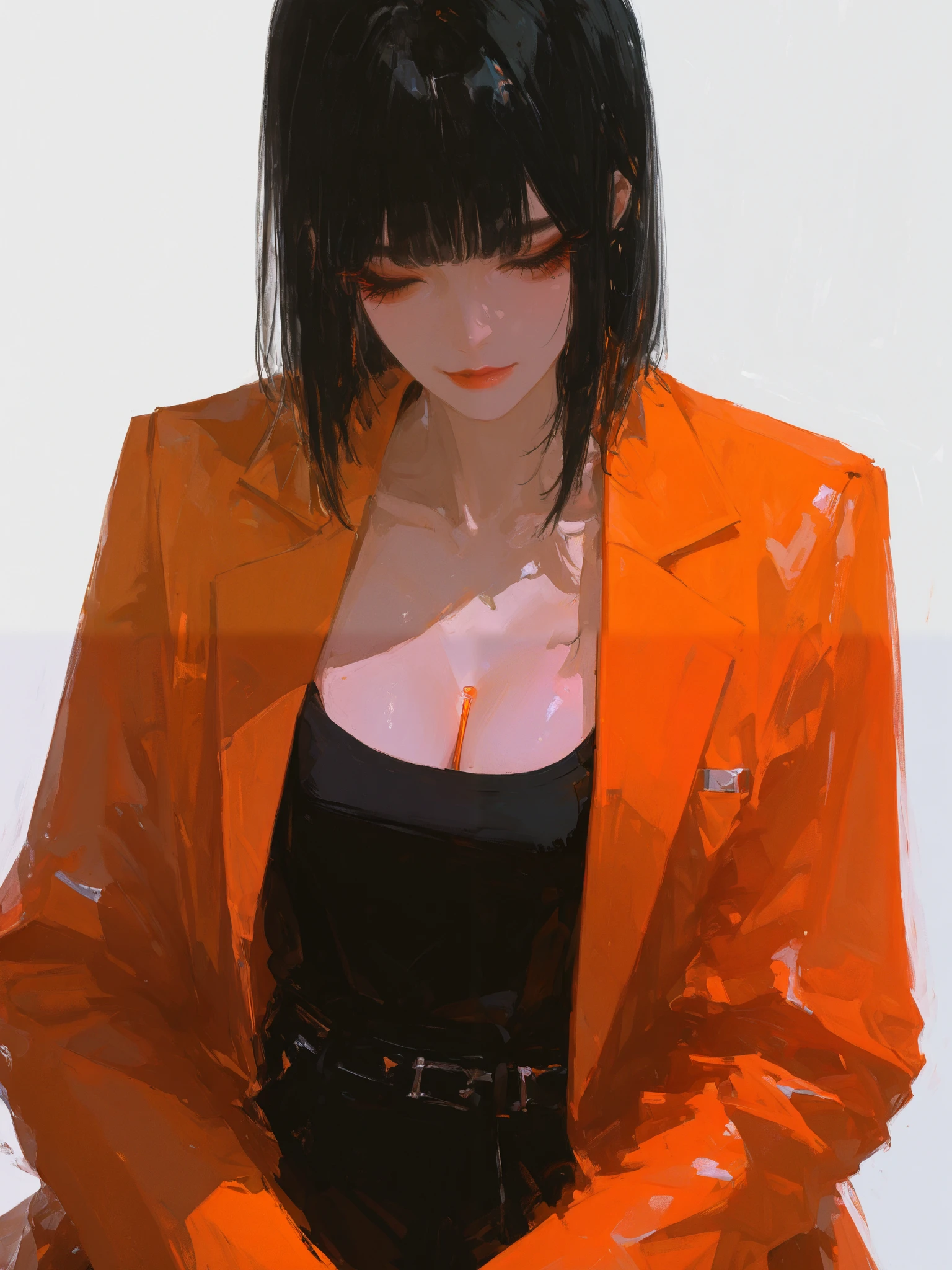 masterpiece, is best, amazing quality in the midst of intimacy, is very beautiful, The bust of a beautiful woman,Tomboy, exquisite facial features, long black hair , This woman is wearing an orange blazer, Open the chest, showing cleavage, without underwear. add bold colors, intricate details. The atmosphere is very elegant, exudes confidence and style. with simple background , The light shines on her face from above