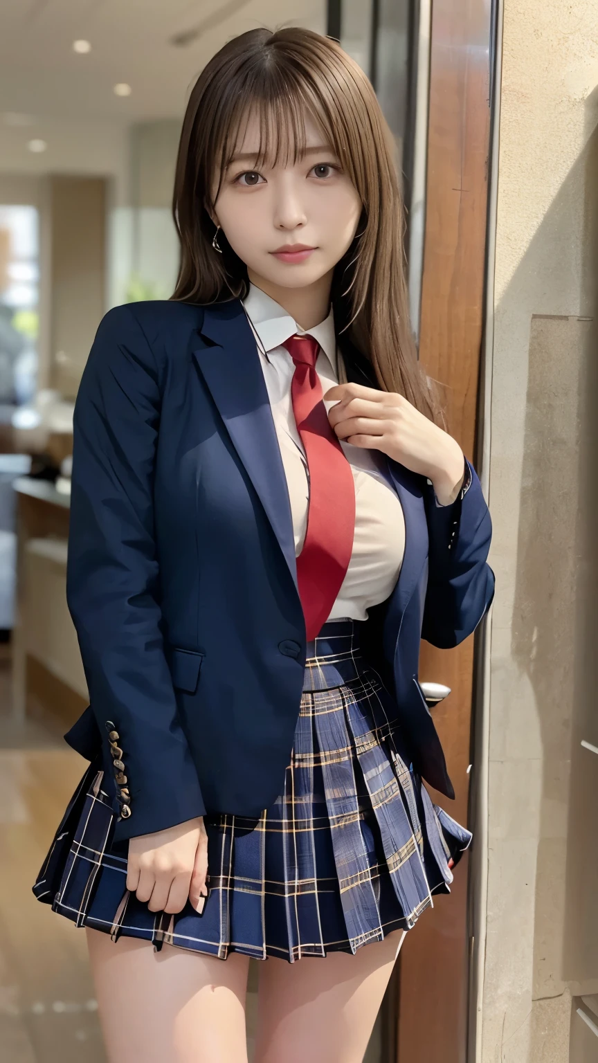 actual 8K high quality image 、 Rooms with Japanese New Year Decorations、 Slender and Cute High School Student 、 saggy, Hard, and large breasts 、 Let's Wash Your Face Cleanly 、 apply light makeup 、 Japanese high school girl in uniform ( Navy blue jacket 、 white shirt、 Red Tie with Handgun 、 navy blue pleated skirt 、black socks、black loafer shoes)、 Detailed Fingers 、soft and firm buttocks、 standing