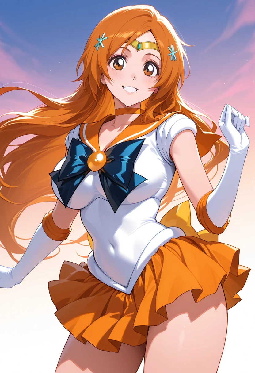 masutepiece, Best Quality, hight resolution, SV1, Sailor Senshi Uniform, Orange skirt, White shorts、elbow groves, tiarra, Pleated skirt, Miniskirt, White panty、Red bow, orangechoker, White Gloves, Jewelry, Starry sky, badass pose, slight smile, Portrait, floating, Moon, Upper body