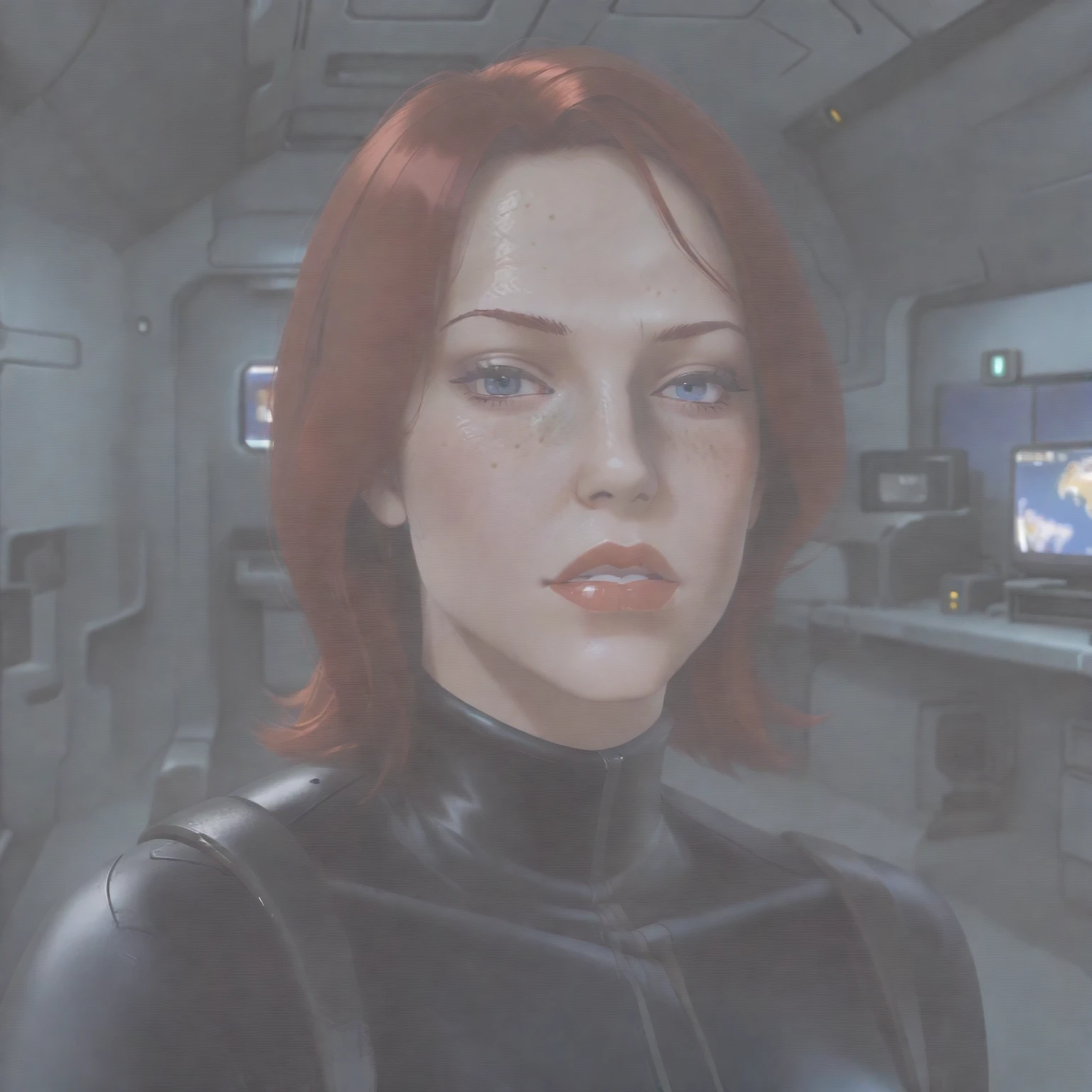 masterpiece, best quality, highres, bloom, sidelighting, shadow, 3d, blurry background,
1girl, black widow, portrait, 
mature female, 
Looking at viewer, blush, parted lips, 
blue eyes, red hair, shorunder mouth, thick lips, red lips, freckles, forehead wrinkles,
black bodysuit, 
plump,
indoors, metal wall, spacecraft interior, science fiction, monitor, television, 
5 fingers