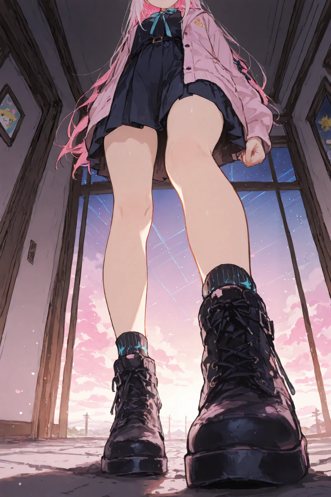 masterpiece, best quality, ultra-detailed,r17329_illu,usnr,luisap, General,1girl\(standing,stepped on,from below,full body\),POV, Kawaii style, Cel Shading, Bloom Effect, Starburst Effects, ultra-detailed, high resolution, vivid colors, cinematic lighting