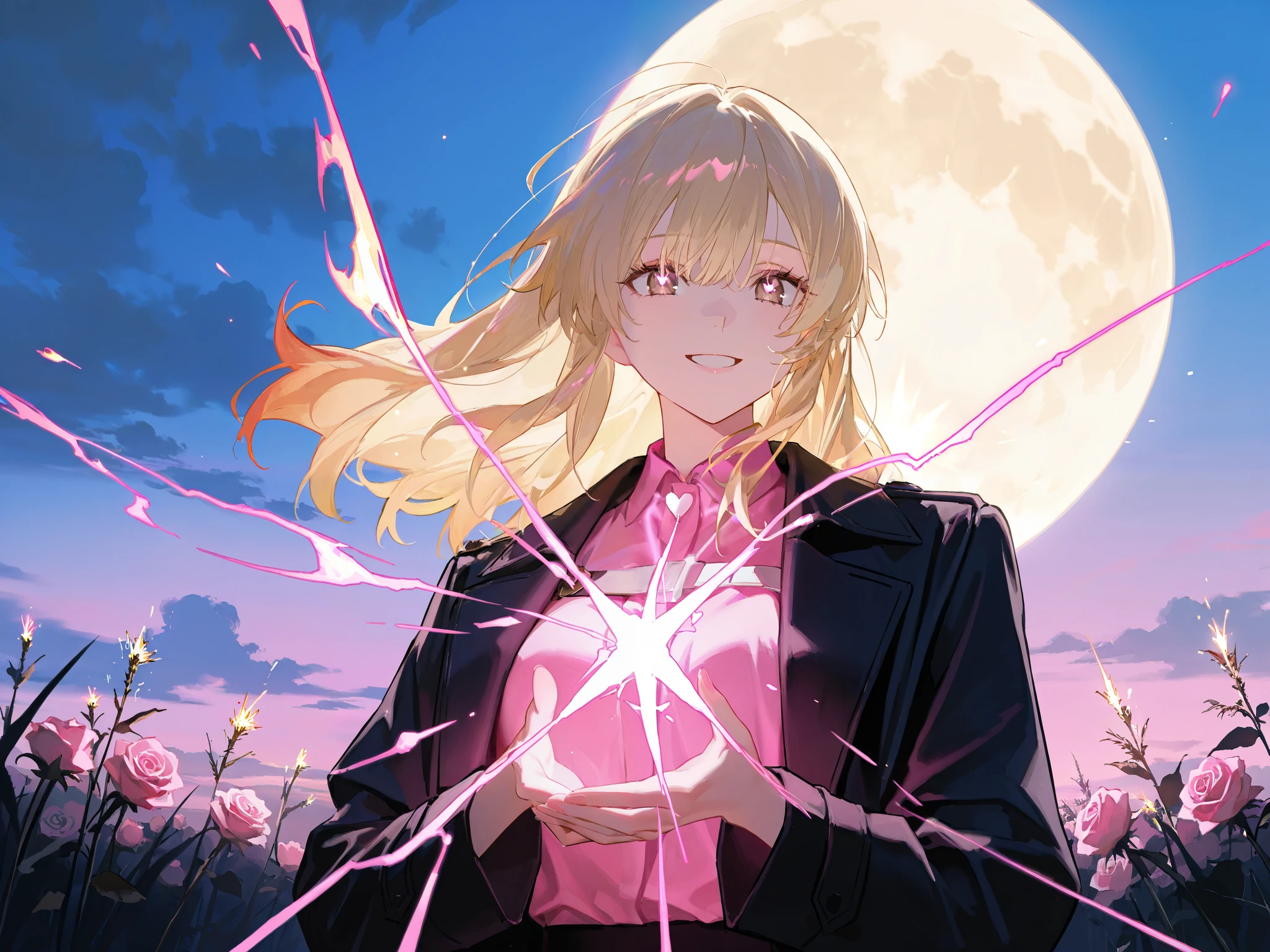 1girl, Long-haired blonde , long blond golden hair flutters in the wind, Dark brown eyes, Dark brown eyes , Samurai girl in a white and black coat, Holding a large purple-pink-gold light in her hands at her chest in front of her face, glowing with fiery golden purple and pink light, magic, sparks fly into the sky, Girl in love, hearts in the eyes, smile. shine, очень deep background с небом пронзительного фиолетового цвета с ярко-голубыми прожилками, silver-gray clouds, evening, Pale light golden Moon, many very large pink blue and purple roses on the ground and in the air, fiery sparks and golden fireflies, deep background , The silhouette of the girl in the foreground is pronounced, background depth, 2D image volume, back lighting , The light falls on the girl from behind