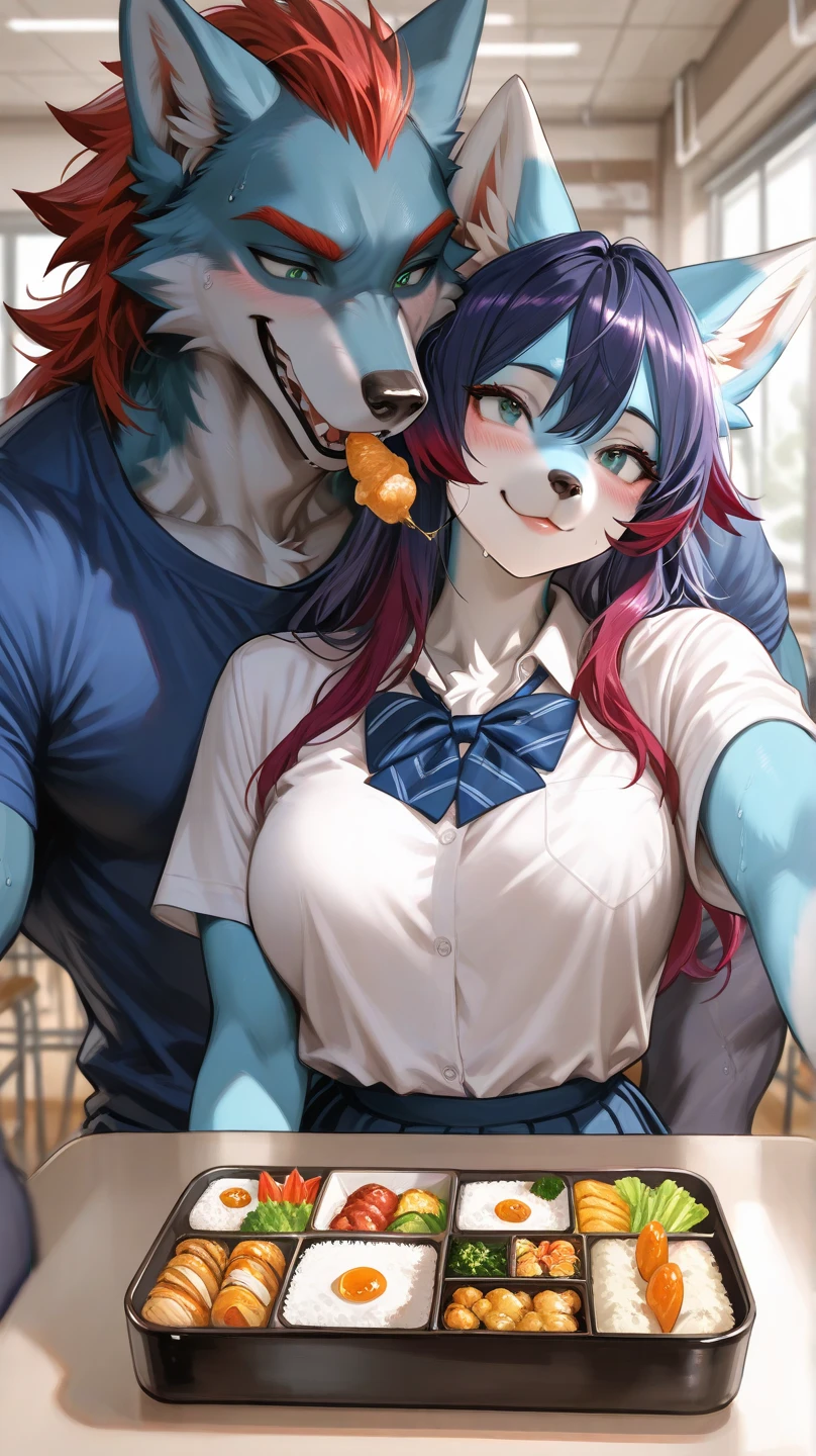 medium breasts,rabbit girl,blue long hair,naked,armpits fur,pubic fur,neck fur,glasses,star collar,girl on top,fiercely sex,penis in pussy,close eye,drool,grin,pussy steam,face steam,very hot,look hot,sweat,soak body,shiny skin,face steam,looking at viewer,full face blush,plenty pussy juice,on table,restaurant,middle of the naked crowd,selfie