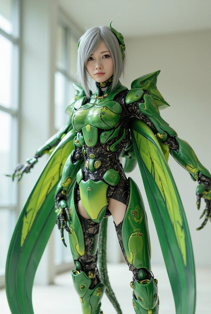 Insect-type Cyborg Girl, (top-quality:1.2, masterpiece), ultra-high resolution, ultimately surrealism, (Photorealsitic:1.4), (Like a ferocious praying mantis (mechanical:1.4), (armor:1.1)), mechanical large wings, Green porcelain body in the shape of a praying mantis, mechanical legs, Mantis Giant Scythe, gray hair, growly skin, 1 Cyborg girl, (mechanical frame:1.3), Japanese, extremely real face, ((super realistic details)), full body shot, global illumination, octan render, ultrasharp, character edge light, Details of complex ornaments, Acrylic Clear Cover, Hydraulic cylinder,
