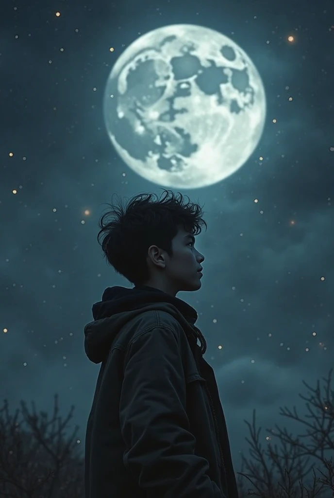 a boy sitting on hill at moon night --auto