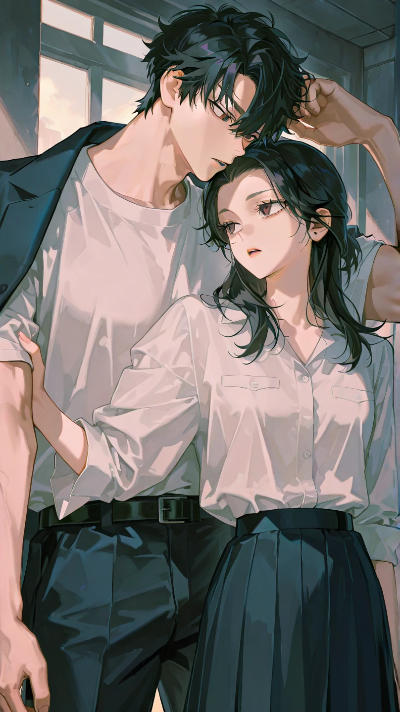 there are two asian people sitting on a window sill, ulzzang, lovely couple, cai xukun, sakimichan, couple pose, jk uniform, white hime cut hairstyle, jinyoung shin, male ulzzang, official, with bangs, jia, inspired by Ma Yuanyu, kim doyoung, nixeu and sakimichan, sha xi