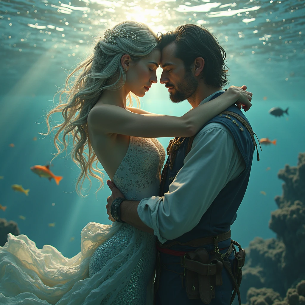 Dress in gold tuxdeo. His dark hair. He holds her above the  water. Her long blonde hair  shimmers and swirls. Her Blue eyes open. She wears a pink  mix blue, gold, white  pisatin dress.