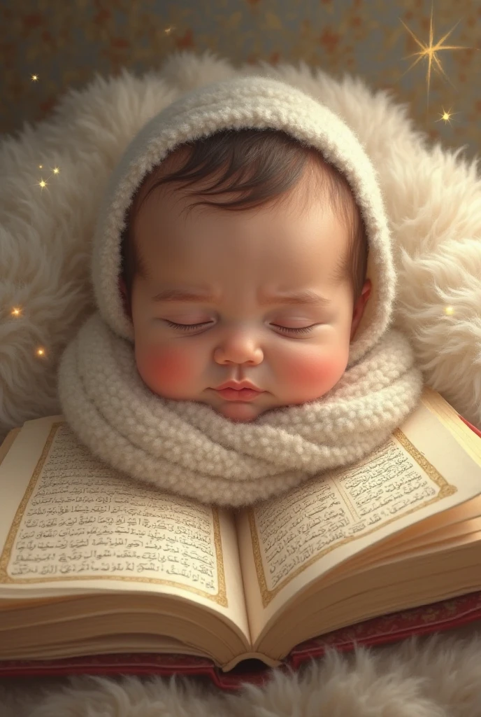 Muslim new born baby, having arab facial features, laying down in baby bed, closing his eyes, holding closed holy quran book to his chest, habing beautiful smile on his face, nice lightining in the room