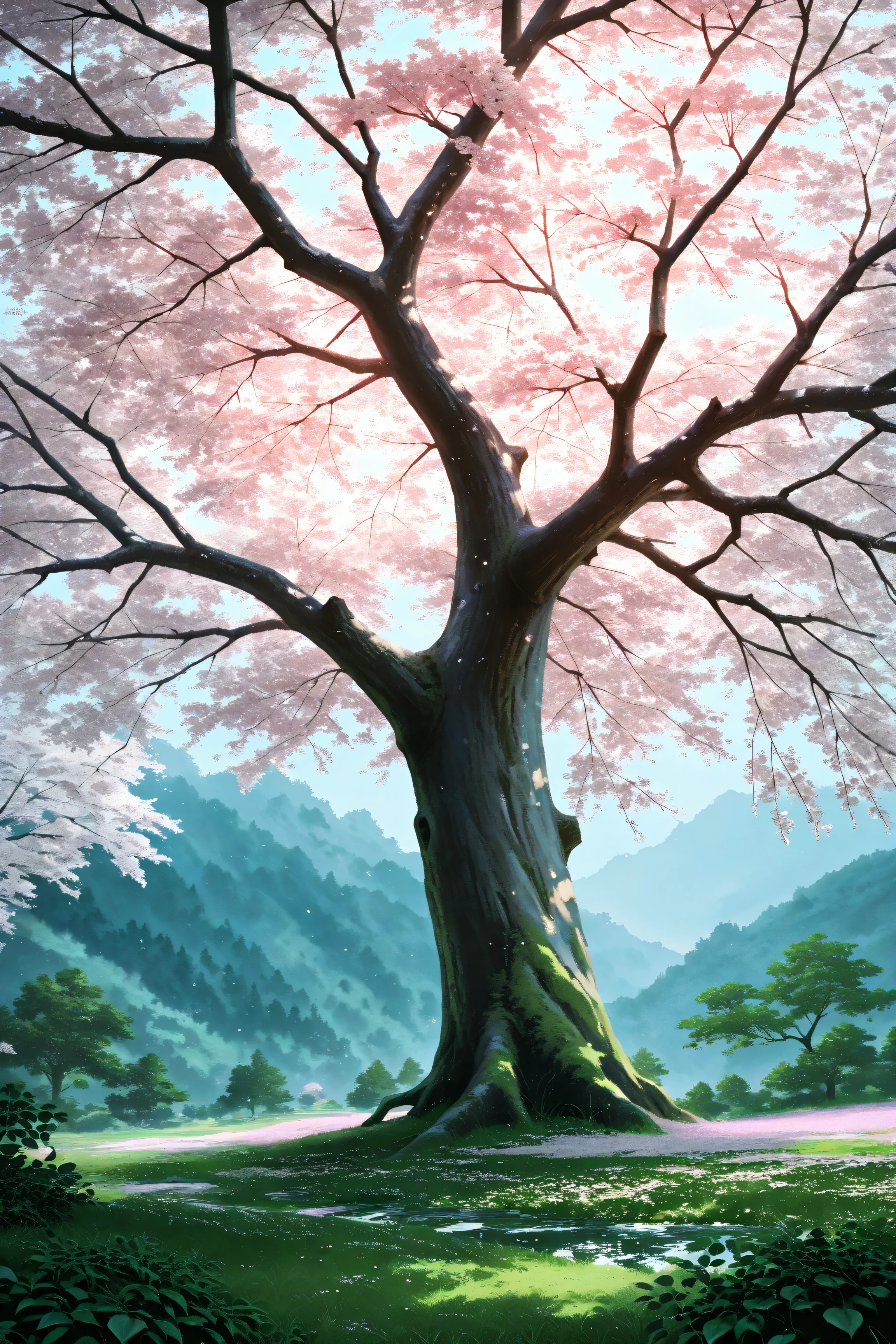 best high quality, Details, photo realistic, plum blossoms, plum tree, mountains,