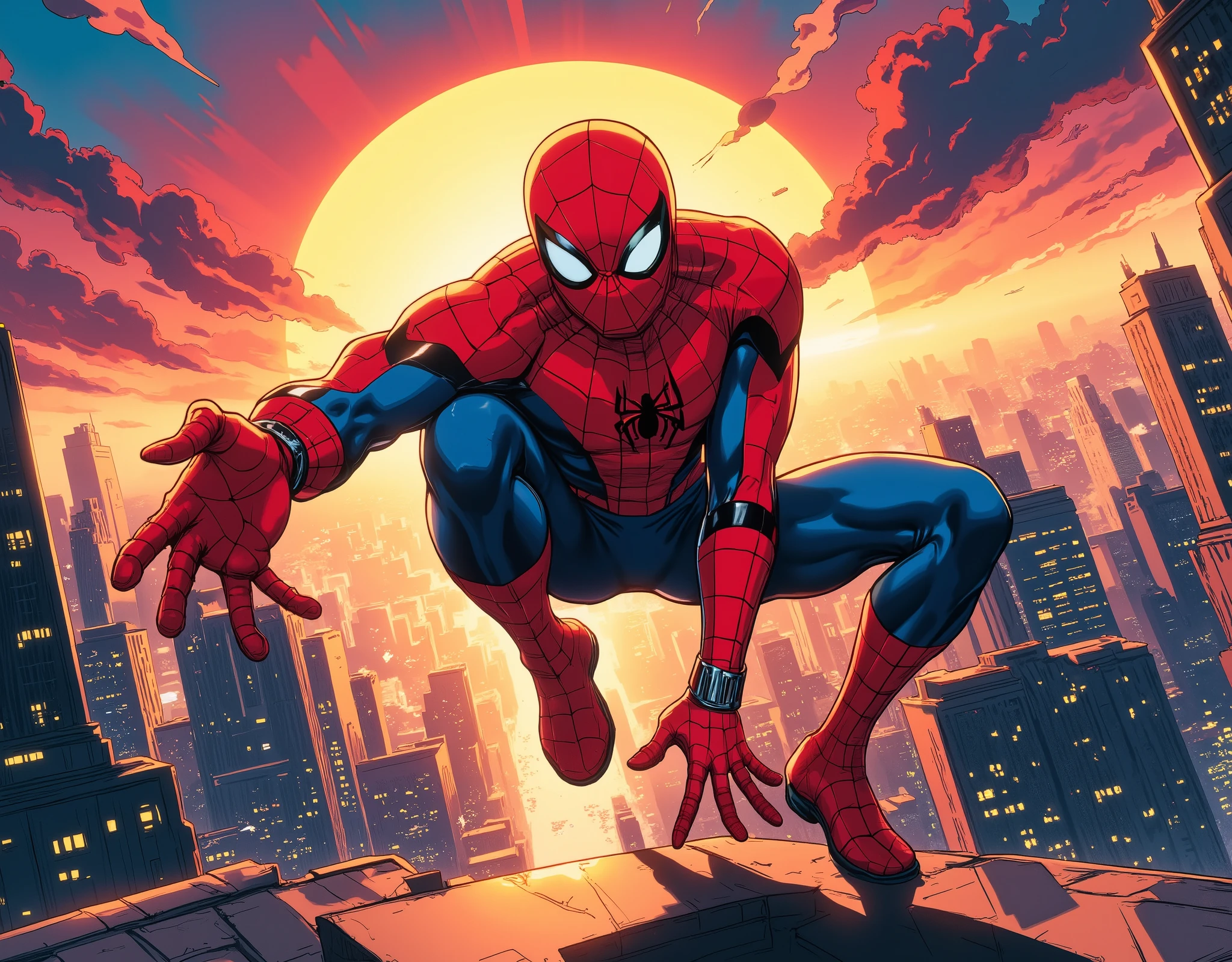 (masterpiece:1.2,Exceptional Quality,Mirror Finish , cinematic experience where you stretch your left hand horizontally , best illustration:2.0,very detailed),8k, wallpaper,(Hero Landing:2.0),( Spider-Man:2.0),(and looking at me),(3-point landing:2.0),(dynamic:2.0),(Sunset:2.0),(anime artwork:2.0),( detailed hands:2.0),(Accurate Hand Depiction:2.0),(detailed faces:2.0),( Skyscraper Rooftop :2.0),(front:2.0),( American Comics),(Stanley style)