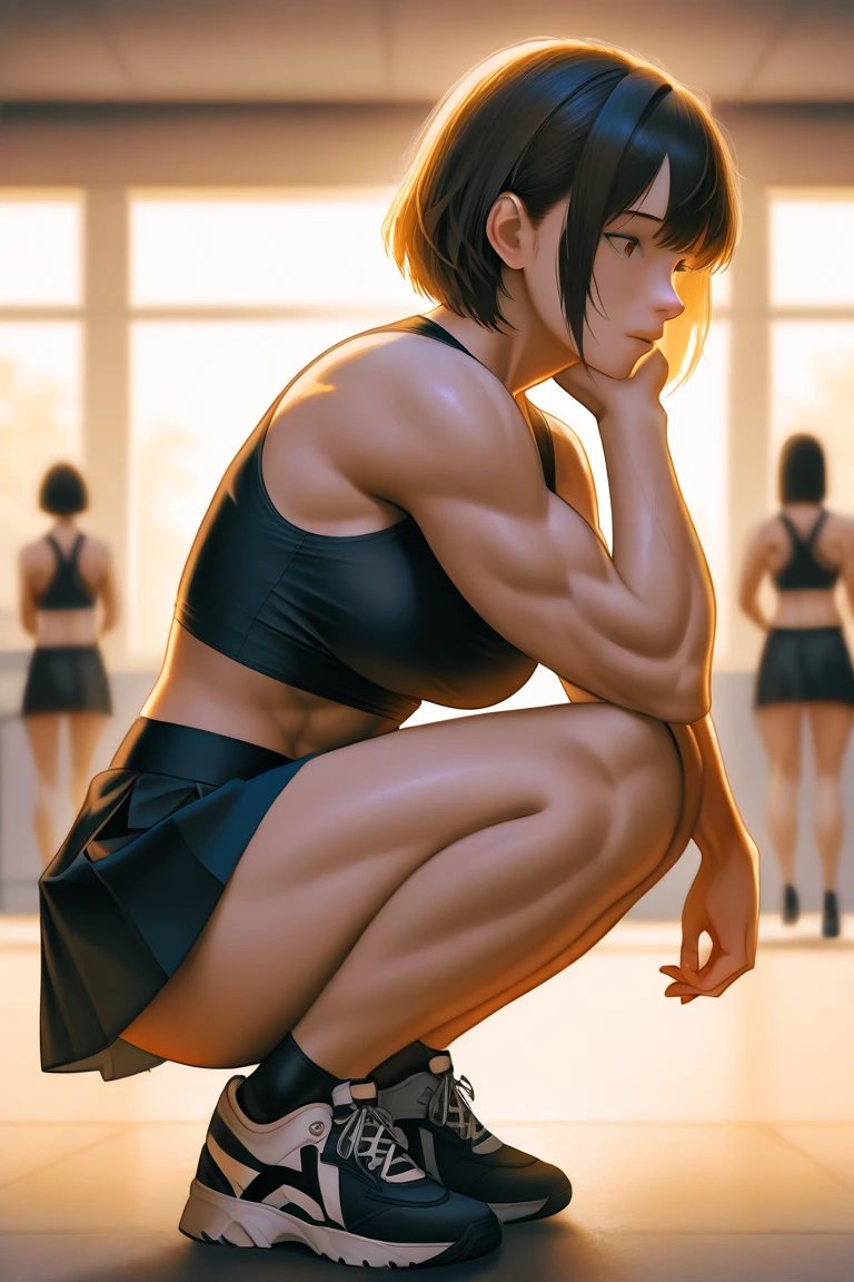 Beautiful Women squatting , abdominals, Open chest, Thin, Fit, large full breasts, long nipples, cleavage, Show the armpits, training gym, Wet skin, Wet clothes, Wet lower body, short-cut, A dark-haired, Rat trail section, sheer White Sports Bra, sheer white low-rise shorts, detailed crotch, detailed nipples, detailed camel toe, A slight smile, full body shot from below