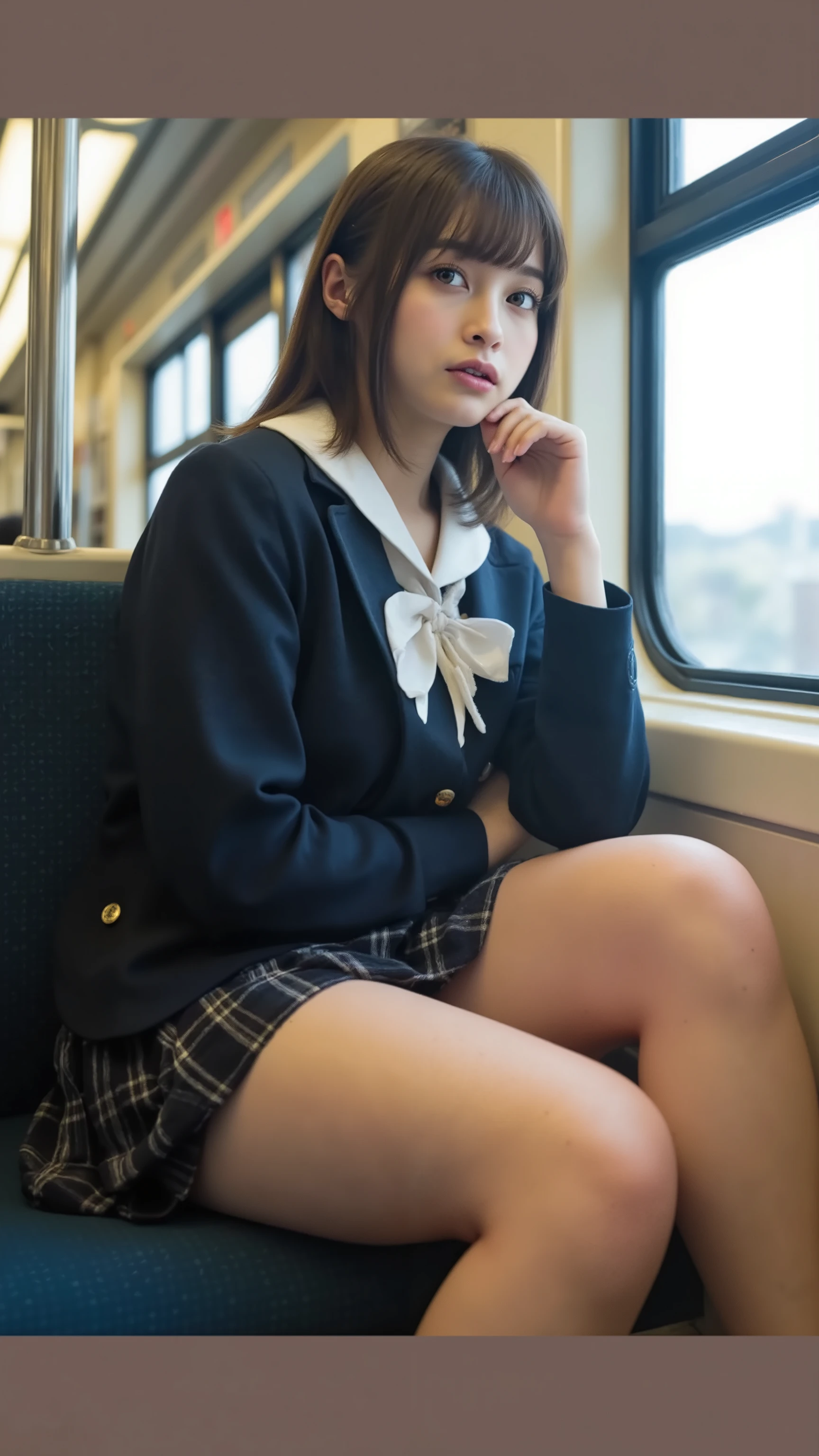 High Resolution, accurate, anatomically correct, high detail, very detailed, textured skin, cute、big breasts、in a train、1 girl, Natural Light Shining Through Window 、In uniform、miniskirt、Nikon, female high school students、is sitting