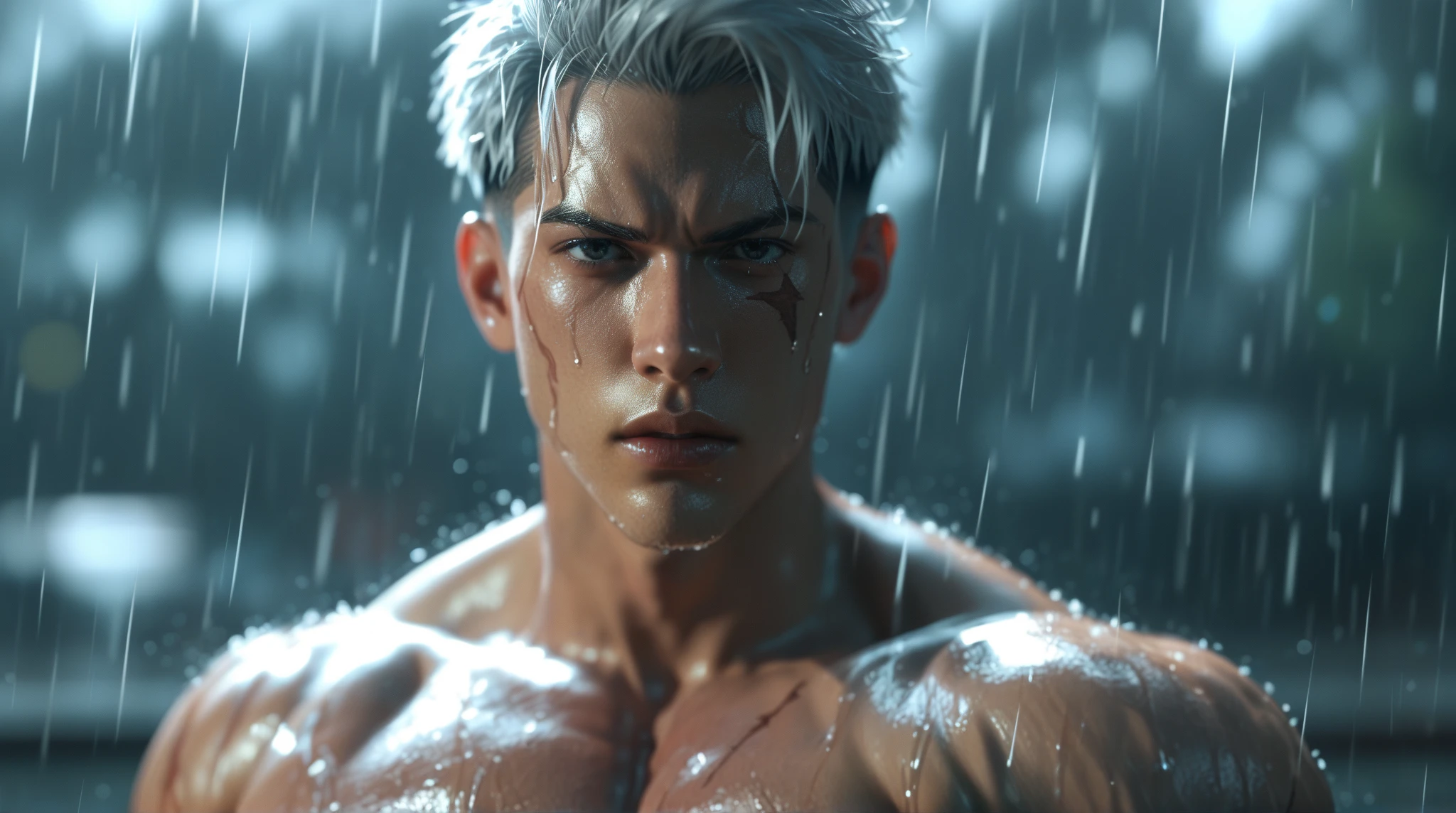 (max resolution: 1.2), (Ultra HDTV: 1.2), 8K resolution, Eye and skin details, detailed facial features, , (Sharp focus: 1, 2), ( Accurate focus) facial expressions: 1,2), 1 boy lying, 20-25 years old, (white hair), (Shirtless), Shirtless, Perfect muscles, 8 pack, (light sweat, white fluid, splashing all over the body), ((Little drops of water on 8-pack abs)), (((sperm, sperm))), splashed all over his face, splashed all over his abs, splashed all over his body, his face turned red from embarrassment. ((There is a faint word SelenaAI in the corner of the photo)),A 17-year-old handsome ,young man,with six-pack, white hair, orange eye pupils, wearing long big colourfull transparent cloth of light and sperm, anubis hat, golden accents, full body, the large purple claws were made of lightning magic, lying on the ground,background pyramid room dawn,covered by white slime, white slime everywhere, looking at sky, in marvel comics panels marvel comics art style whole body covered by sperm, naked, big long erection penis , cumming