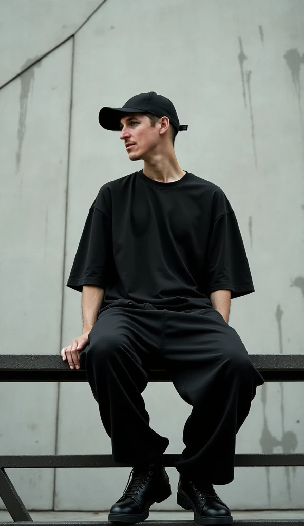 A man sits on a metal structure in a minimalist urban setting. His posture is relaxed, with his arms resting at his sides and his gaze turned to the side, out of frame. He is dressed in an all-black outfit consisting of an oversized thick cotton t-shirt and baggy pants. He wears a fitted black cap that casts a subtle shadow over his face, adding an air of mystery and attitude.

The background is a large grey concrete wall with a subtly stained texture and geometric lines marked by the divisions of the material. The lighting is natural and diffuse, with a slight overexposure in the lighter areas, creating a high contrast with the subject.

Photographic effect:
Captured with a 35mm lens at f/1.8 for a sharp focus on the subject with slight separation from the background. A cool color adjustment is applied with a predominance of neutral and desaturated tones, highlighting the texture of the concrete. A subtle grain effect is introduced to give it an analogue look similar to Kodak Portra 400 film. A balance of deep blacks and highlights is used to increase the drama and contrast of the monochromatic outfit against the architectural background.