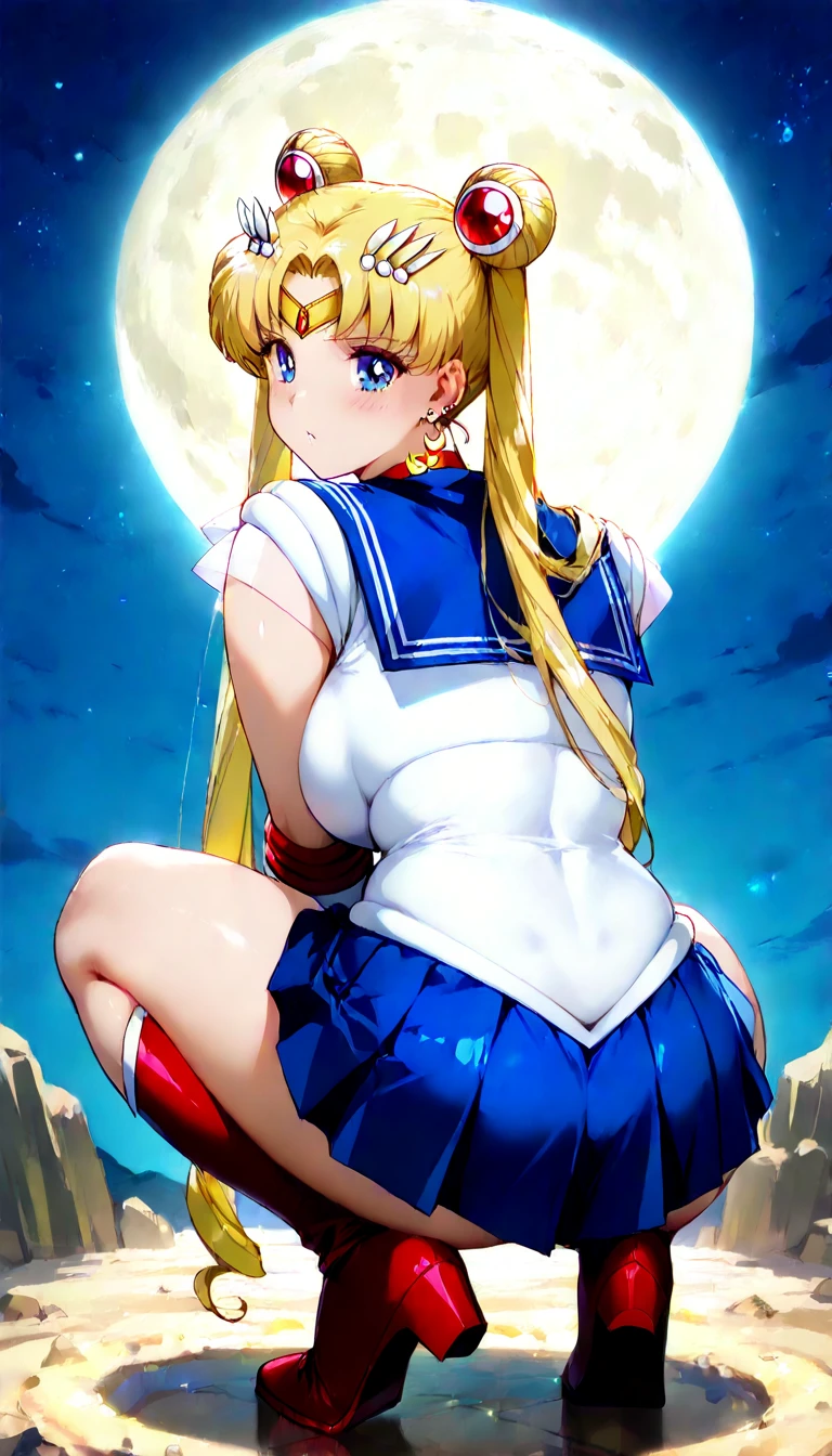 obra maestra, Mejor calidad, absurdos, perfect anatomy, 1 chica, Solo, SMMoon, 1990s \(Estilo\), rubia sailor moon, de pie, Sonrisa, tiro de vaquero, Uniforme Marinero Senshi, cuello marinero, falda azul, guantes de codo, en postura de espalda, Show off your loot, backward, No hay tanga Big Booty, Minifalda ultra ( postura de espalda, backward, Show off your loot) ( Sin tanga)