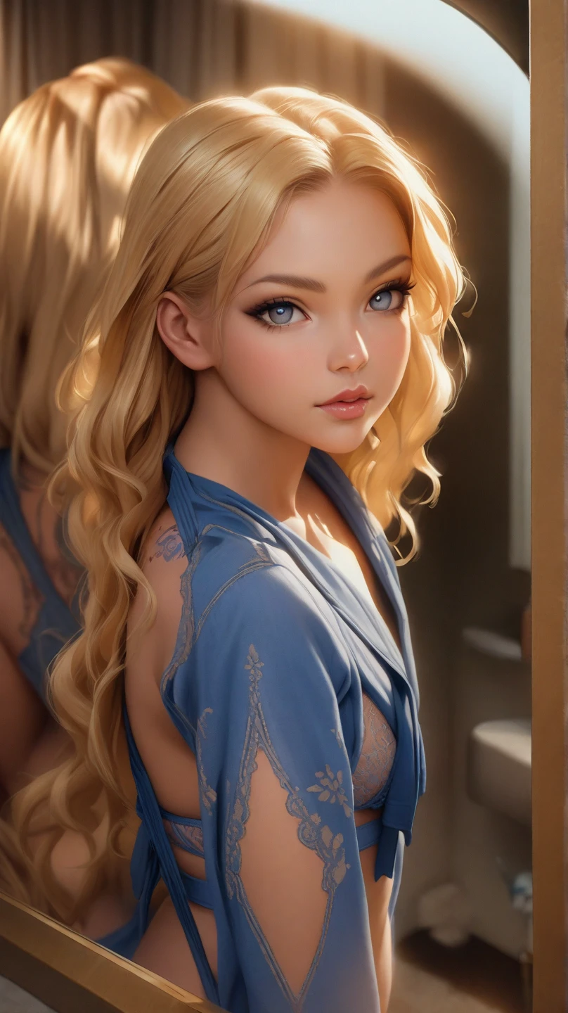 Elegant mature woman, blue eyes, blonde hair, bangs, soft light, 4k resolution, high quality, beautiful cg