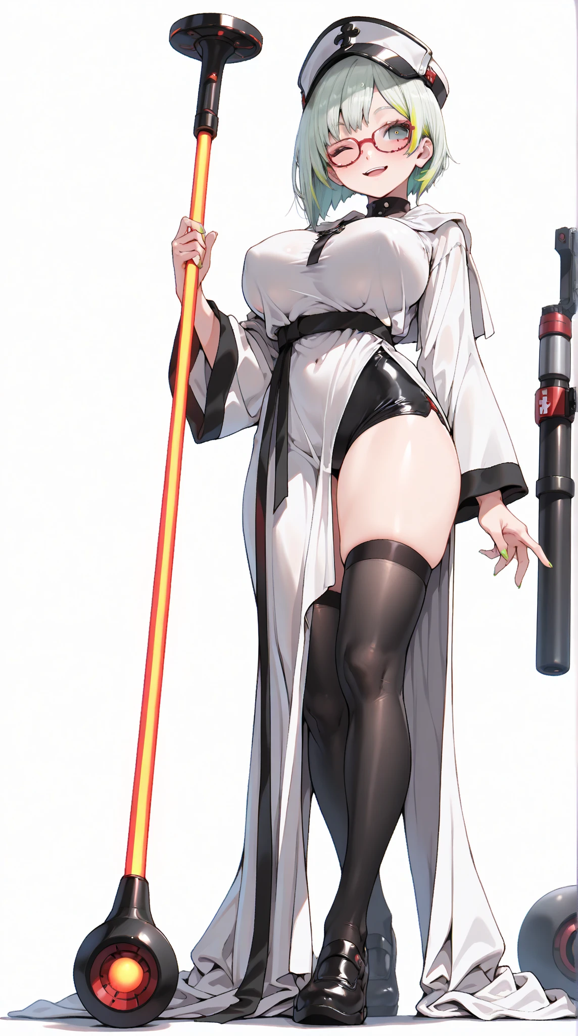 1 female,Attractive anime girl,whole body肖像,whole body,White lingerie,White Thong,Holding a sword,White short hair,Pale skin、Pale skin、Big boobs,较Big ,White sandals,