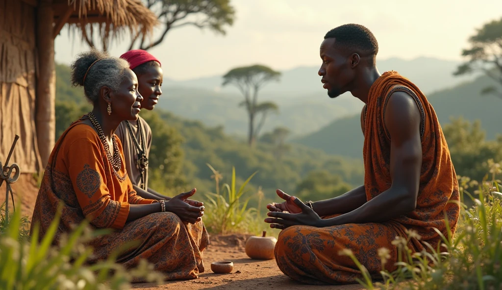 A 29-year-old African man speaks with a 90-year-old white-haired black African woman in a sacred forest 