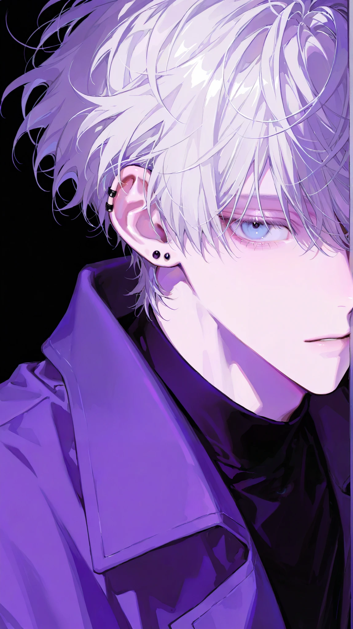 1 male, boy, nice face , short hair, Light Hair ,Messy Hair,Bangs, Blue Eyes , coat, Black Background,close up, Ear piercing,purple theme