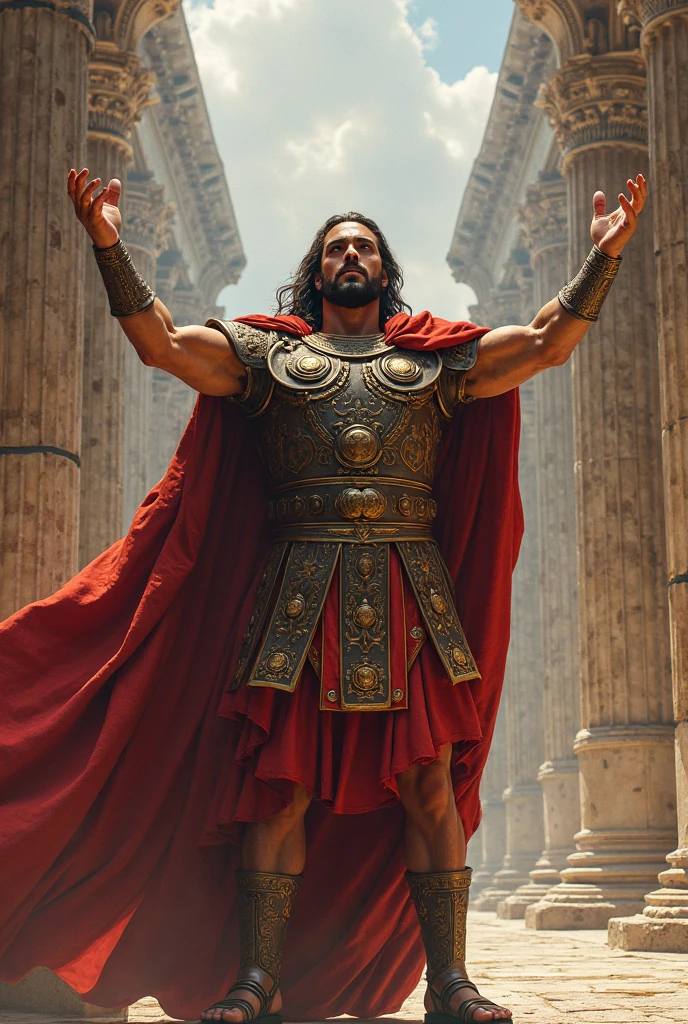 powerful gladiator, 25 years, bare chest, hairy chest, lower body revealed from thighs to feet, long cascading curls, detailed muscular physique, Realistic representation, 4k resolution. bottom: Colosseum during a spectacular sunset,32k UHD, Best Quality, masterpiece, Super detail, High details