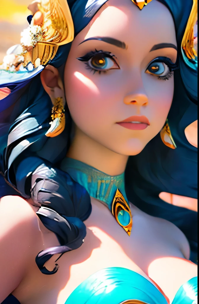 A very beautiful 21 year old woman in a white bohemian dress, adorned with a feather headdress and ethnic jewelry, surrounded by an artistic aura created through splashes of watercolor paint.