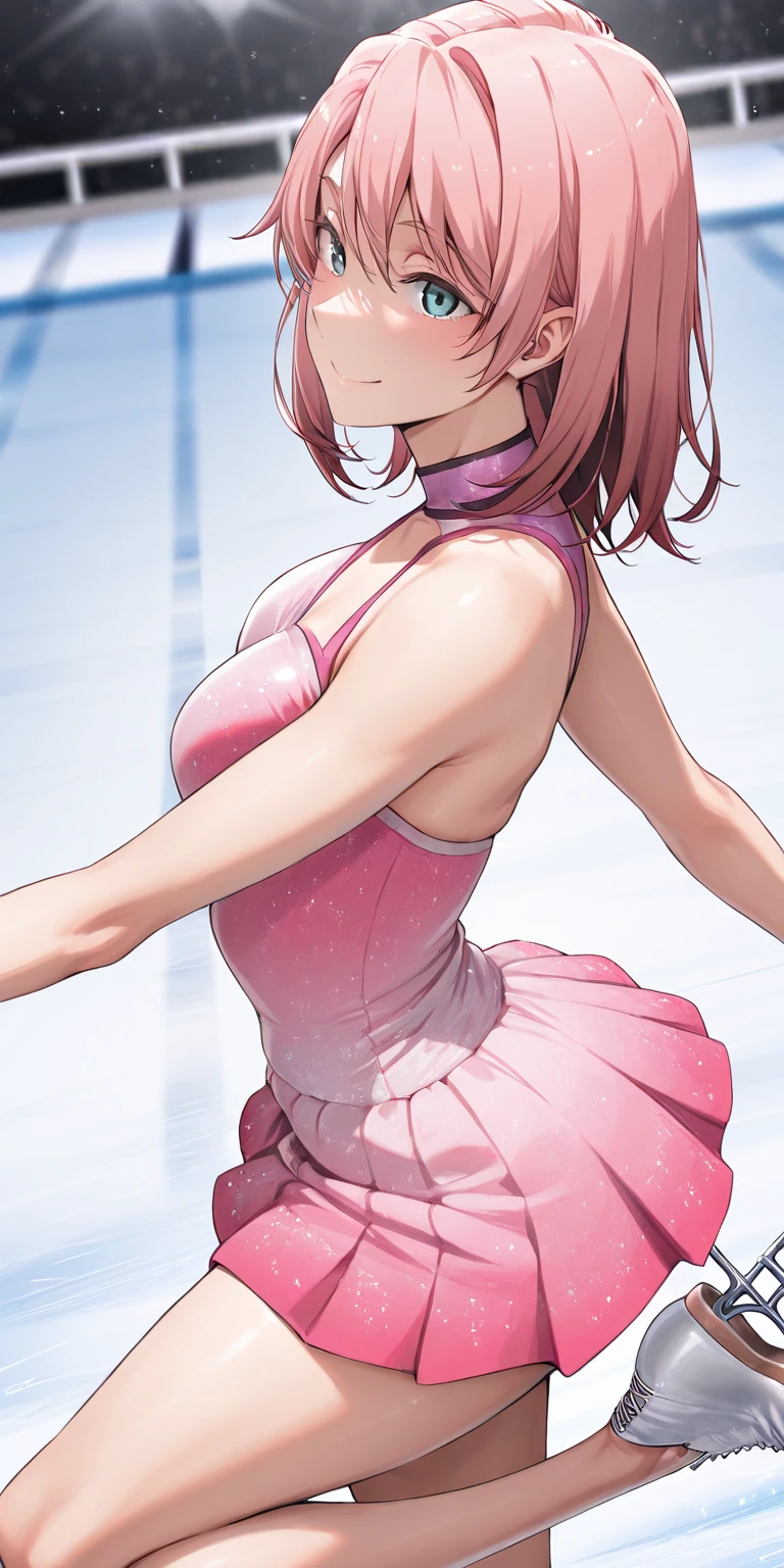 masterpiece、highest quality、Very detailed、Photograph the upper body、1 female、(Put your arms behind your back:1.4)、Are standing、Turn your body forward、View your viewers、(Figure Skating Costumes)、break,blush、shy、Pink Hair、Open your mouth、Skating rink、Big Breasts、