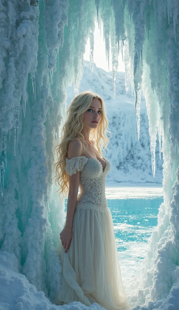 a woman trapped in rime ice, pale skin wearing a cute brown dress
