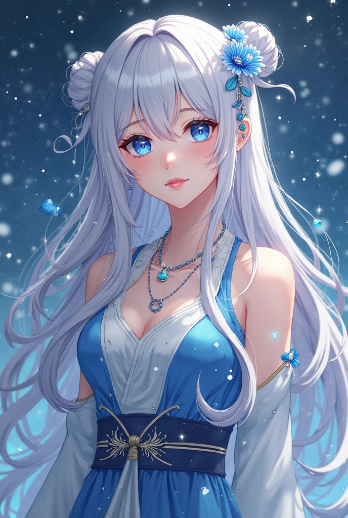 white haired girl, Beautiful fine details, Pale skin, Flowing white hair, Elegant pose, fantasy setting, Soft lighting, Mysterious atmosphere, Captivating Gaze, Delicate features, Porcelain-like skin color, Long white hair cascading down her back, Intricate braids decorated with flowers, A silver crown on her head, Sparkling snow is falling all around her, Snow Scene, Sparkly blue dress, Graceful Movement, Dreamy aura, enchanting beauty, Enchanted Forest, Surreal color palette, Delicate snowflakes melting under your fingertips, frozen breath in the air, Winter Wonderland Scenery, The magical glow that surrounds her, Calm expression, A captivating presence, Subtle blue and silver colors, wood々Soft sunlight filtering through, Her presence brings serenity and peace., Icy blue eyes that reflect the beauty of their surroundings, A dreamy, otherworldly atmosphere, A bit of mystery, Artistic masterpieces, High-resolution details, Great portrait, Fairytale world portrait.